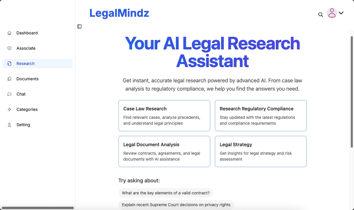LegalMindz Researcher Screenshot